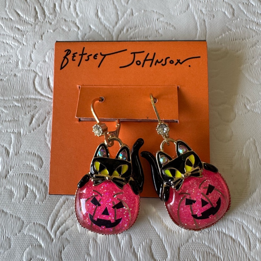Betsey Johnson Rich Witch Black Cat  Pumpkin Earrings